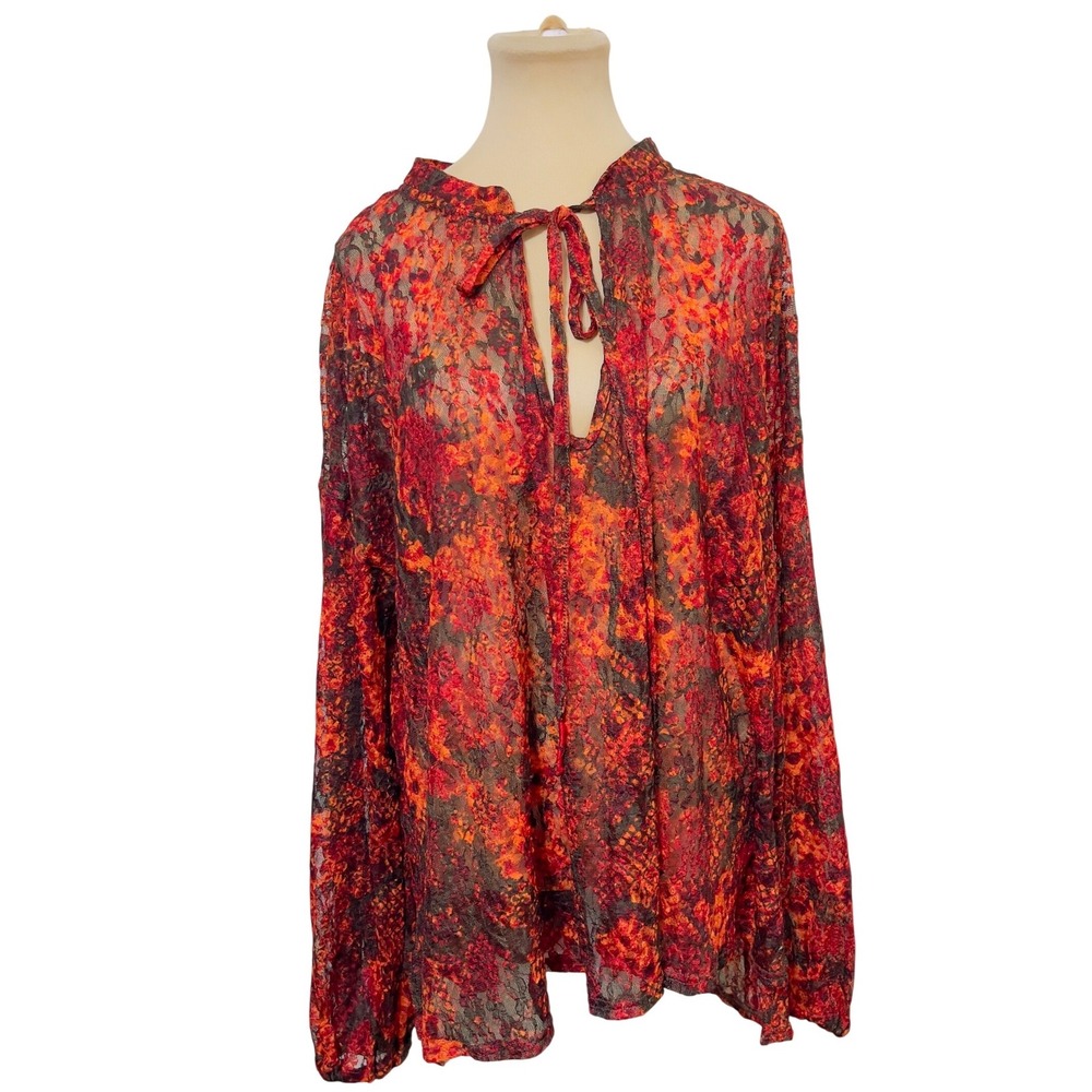 Free People Women Lace Tie Neck Blouse Large Orange Red Sheer Mesh Boho Ethereal